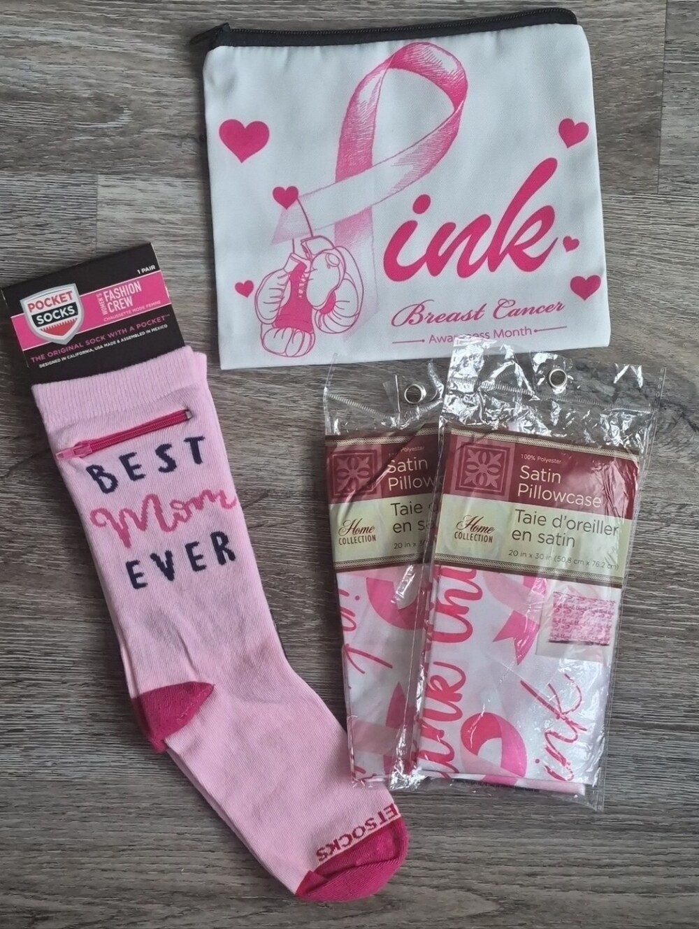 Breast Cancer Awareness Bundle With Pocket Socks, Make Up Bag And 2 Pillowcases